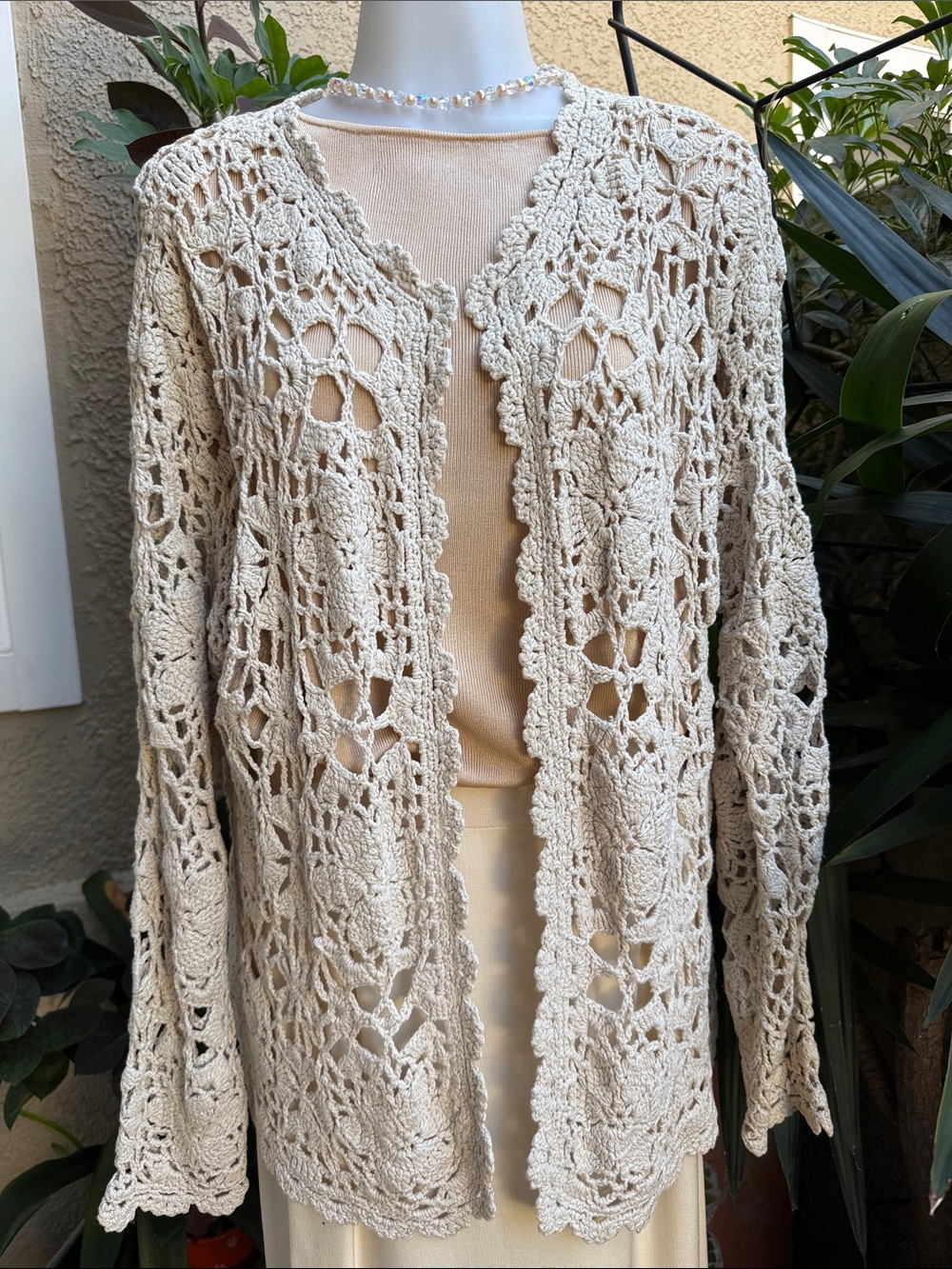 Vintage Hand Crochet Openwork Cotton Cardigan Sweater - Cream